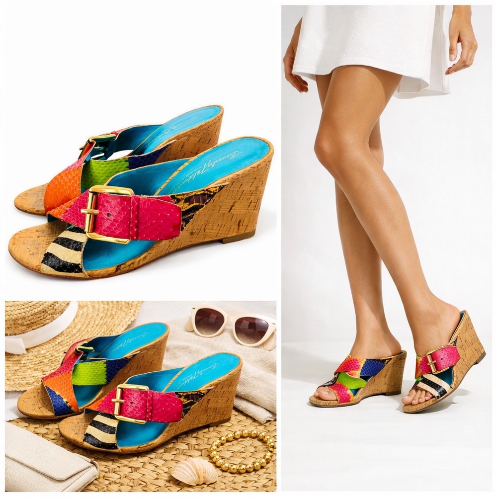 Beverly Feldman 80’s Karena Mixed Print Colorful Belted Cork Wedges Size 7